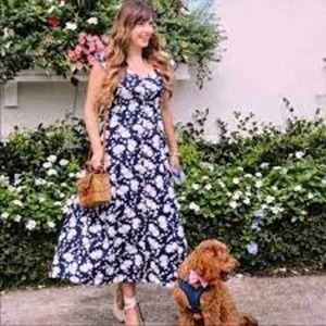 Anthropologie Maeve Tate Midi Cap Short Sleeve Button Front Navy Floral Dress 6